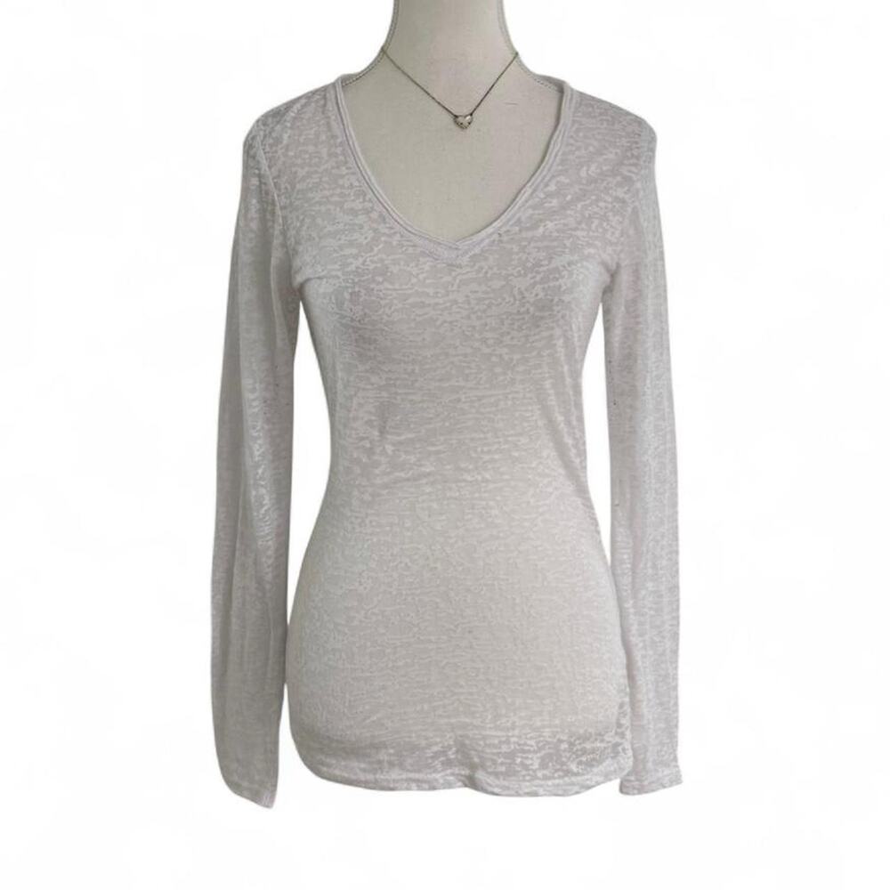 White Y2K Sheer Full Length Fitted Layering V Neck Long Sleeve Womens Size Large